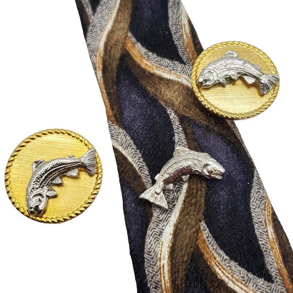 Fish Trout Cufflinks Tie Pin Gold Silver Tone Tac Fisherman 1970s Round Links - Picture 2 of 7